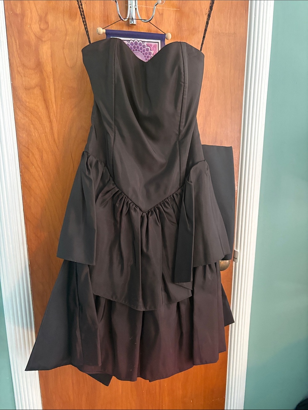 Strapless Black Evening Dress with Layered Skirt with Bow
